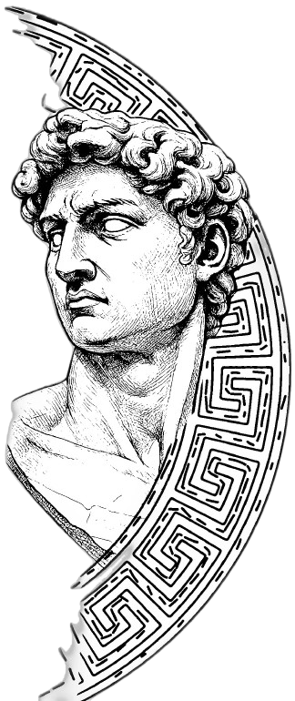 A roman-style decorative piece with a half moon shape, and a stoical bust-like face portayed inside